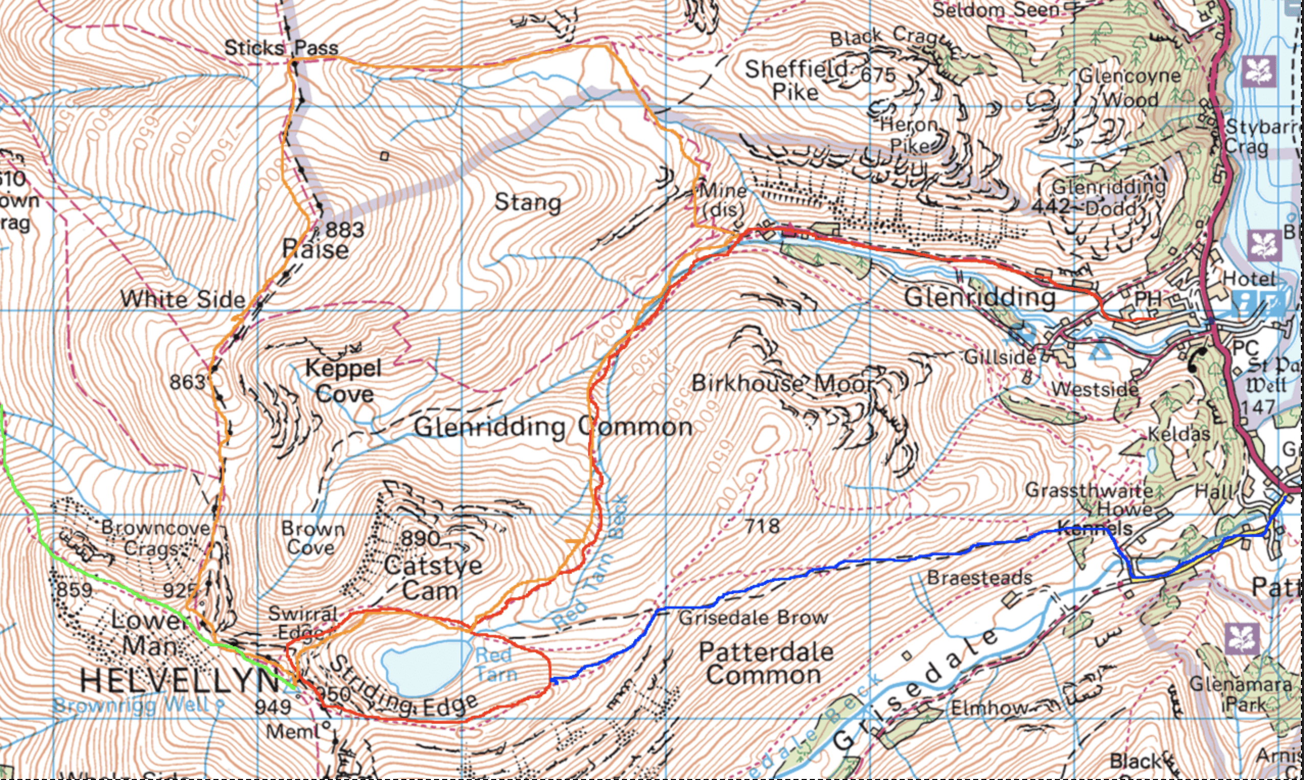 picture of ordnance survey map helvellyn - striding edge - swirral edge - walking routes