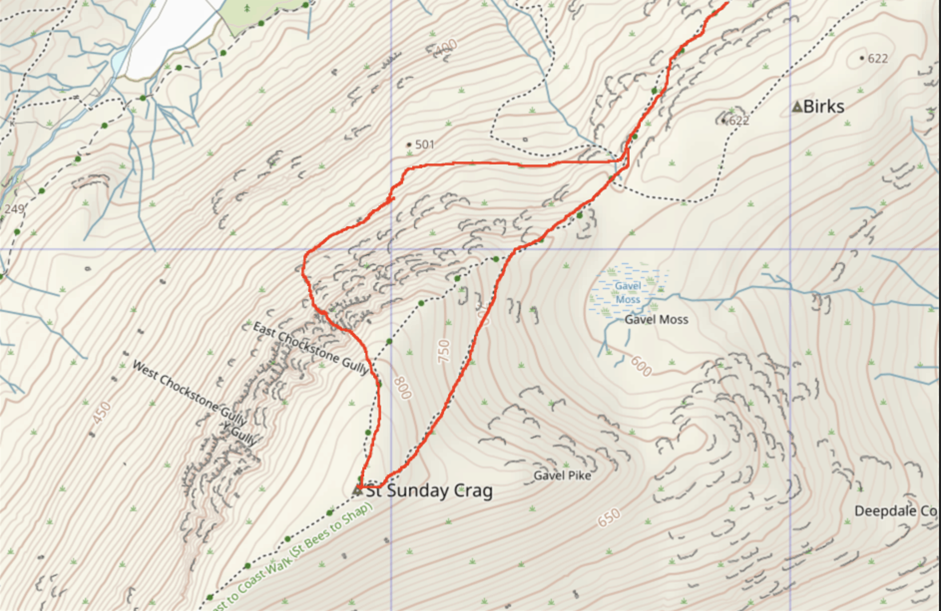 map showing route of pinnacle ridge on st. sunday crag lake district