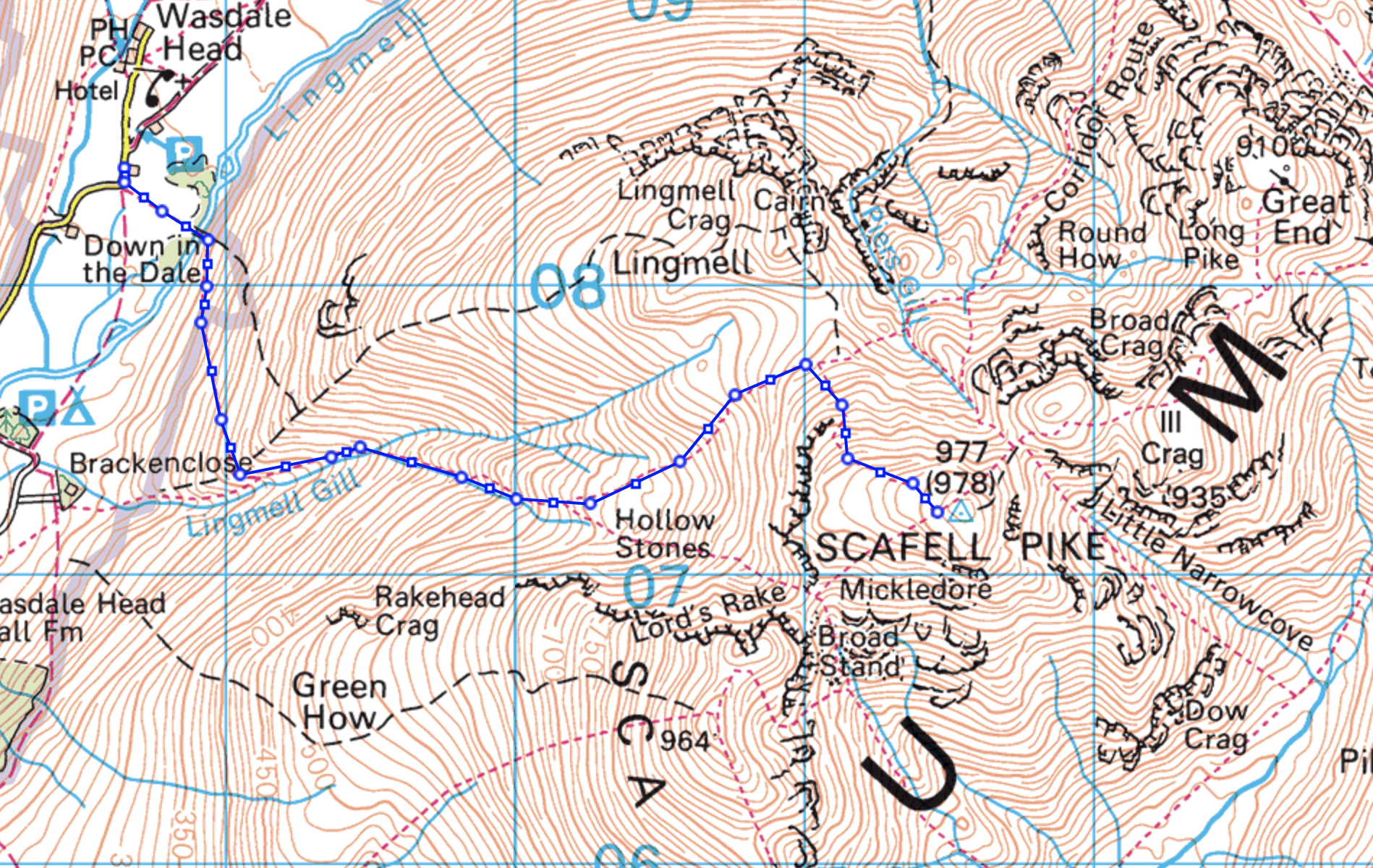 Ordnance survey map showing Scafell Pike Walking Route